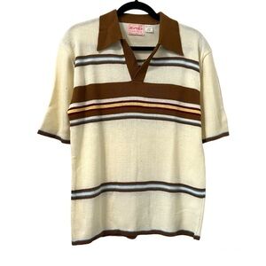 Vintage Joshua Cream & Brown Striped Collared Sweater Top